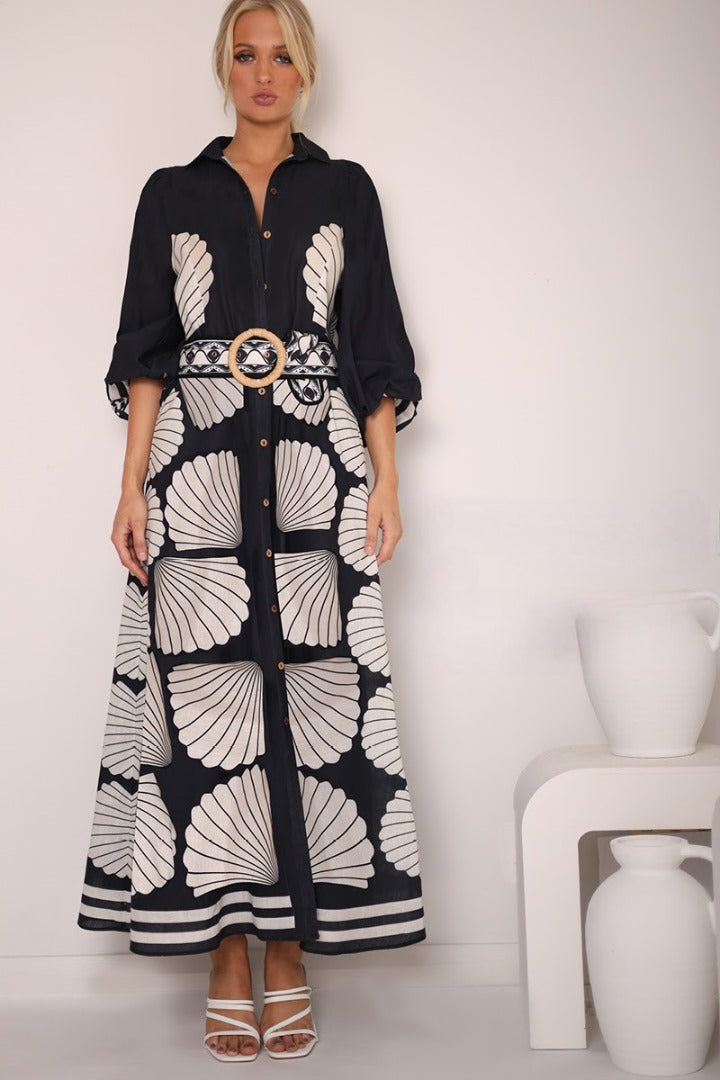 Carmelo Linen Dress | Black- Beige