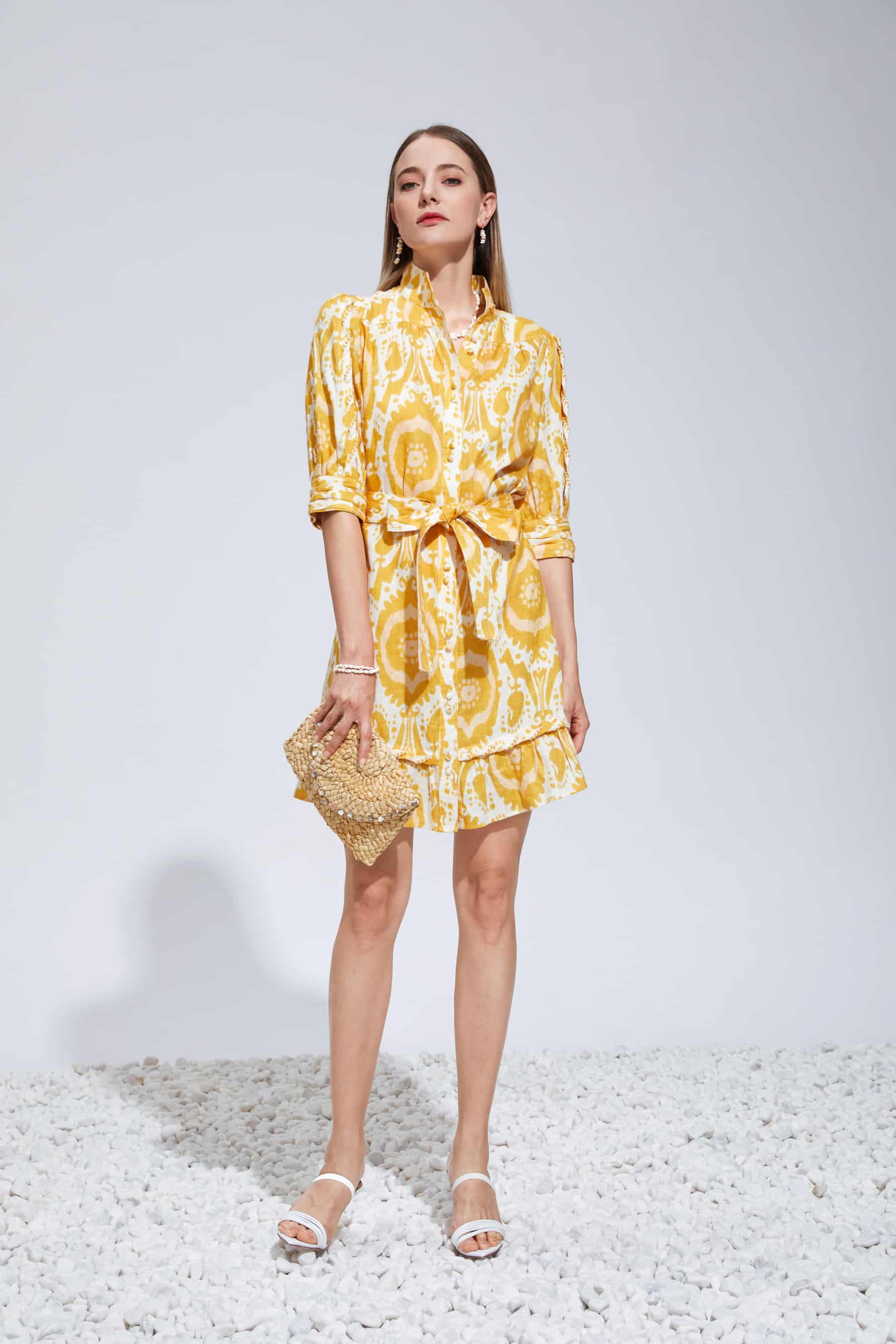 GDS Abyss Linen Short Dress | Yellow DRESSES BRUNCH CASUAL Catch DRESSES GDS HOLIDAY L M PRINT S SPRING-SUMMER wedding guest dress WORK XL XS YELLOW