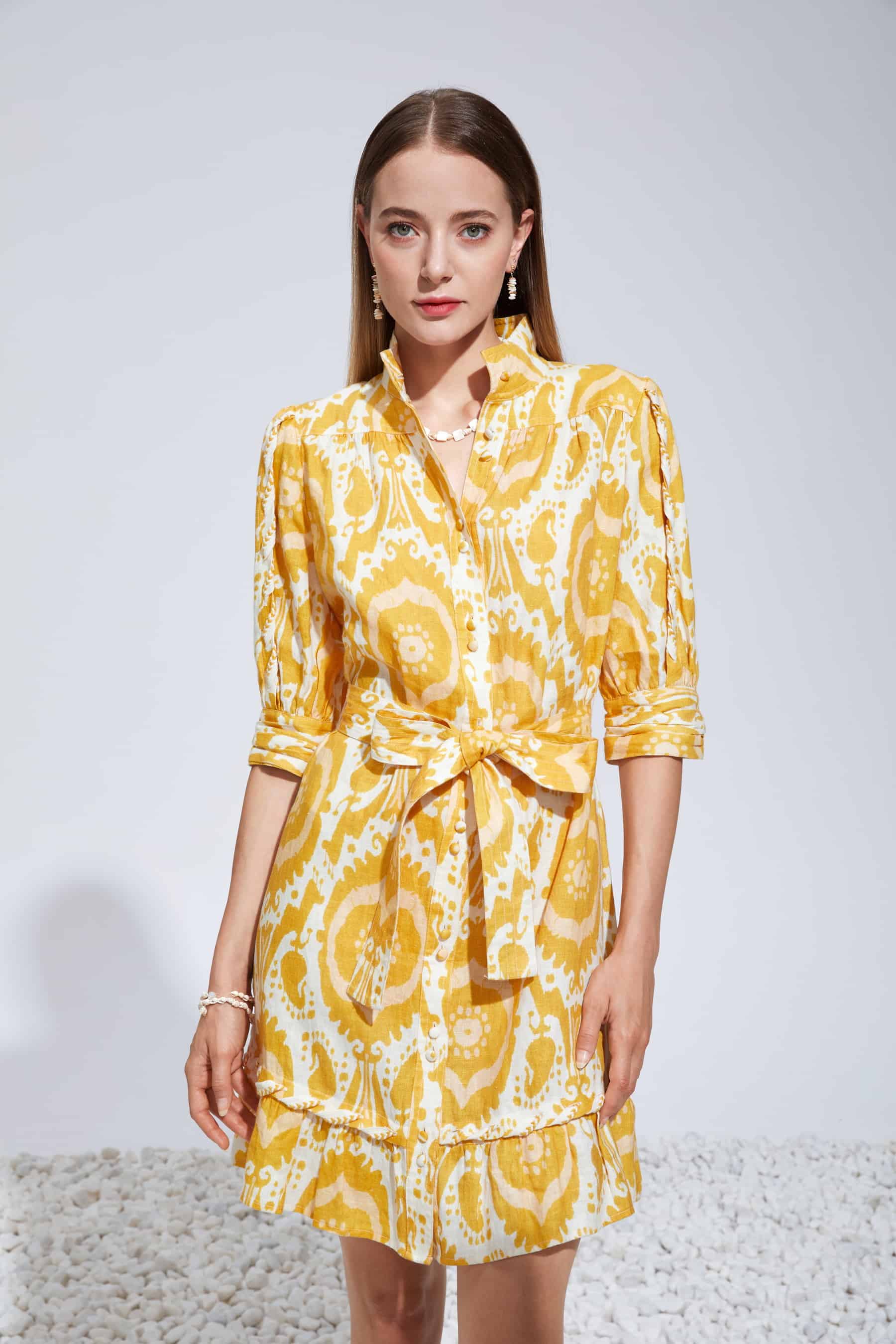 GDS Abyss Linen Short Dress | Yellow DRESSES BRUNCH CASUAL Catch DRESSES GDS HOLIDAY L M PRINT S SPRING-SUMMER wedding guest dress WORK XL XS YELLOW