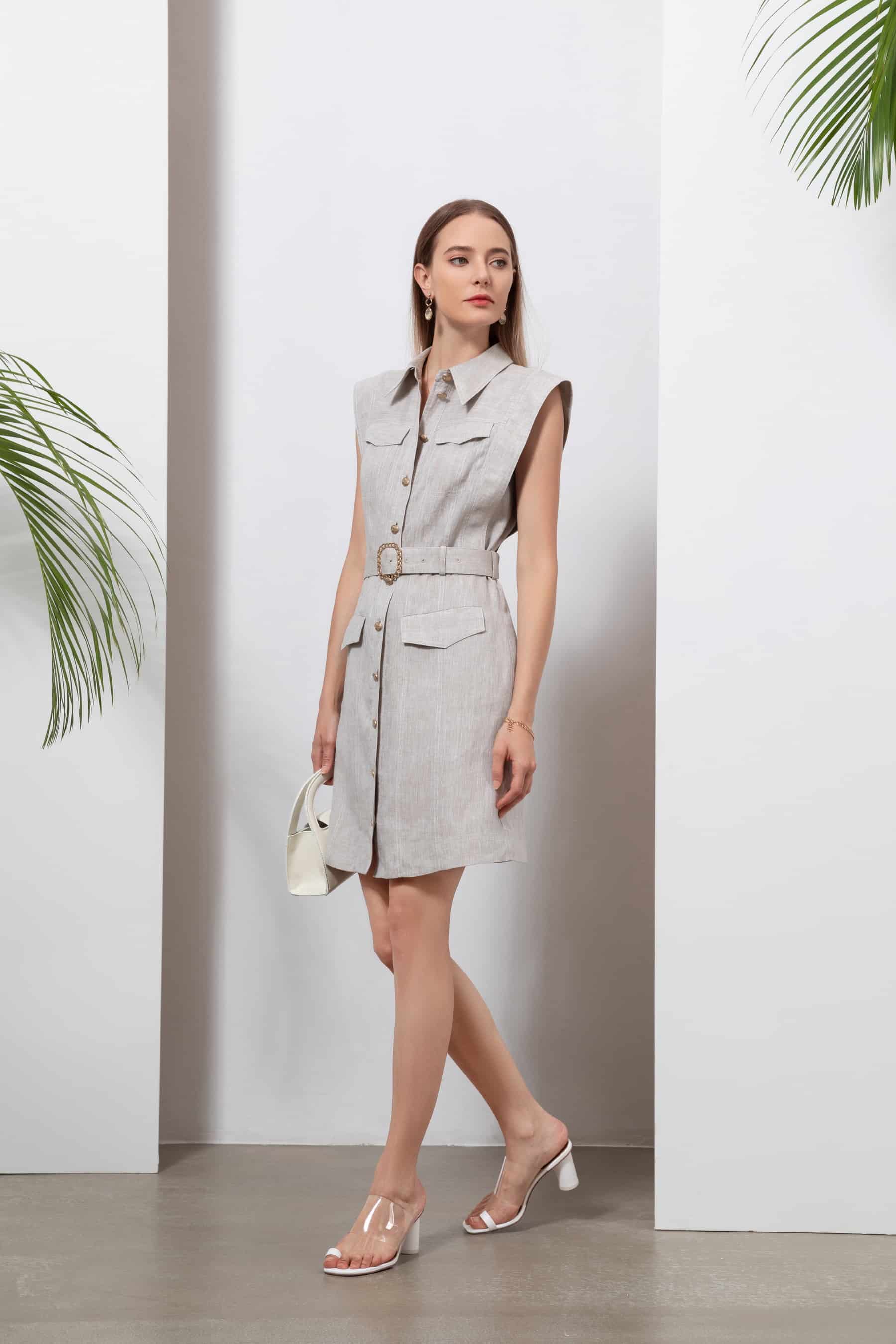 GDS Georgette Belted Linen Dress | French Oak DRESSES BEIGE BRUNCH Catch DRESSES GDS HOLIDAY L M S SPRING-SUMMER WORK XL XS