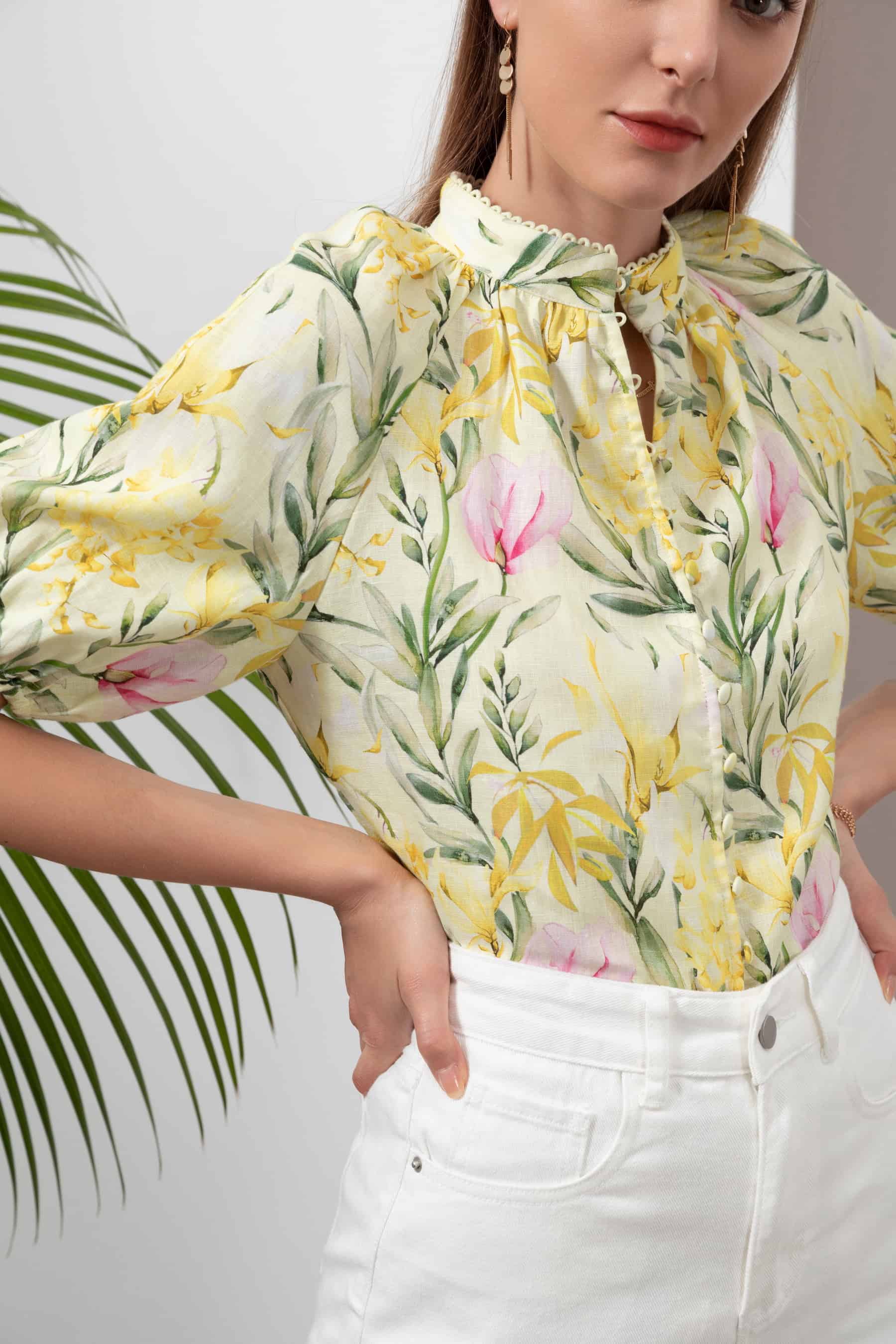 GDS Desiree Floral Linen Blouse | Yellow BLOUSES BLOUSES BRUNCH Catch GDS HOLIDAY L M S SPRING-SUMMER WORK XL XS YELLOW