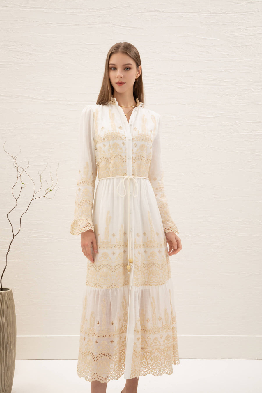GDS Lina Embroidered Belted Long Dress | White DRESSES Catch GDS L M S WHITE XL XS