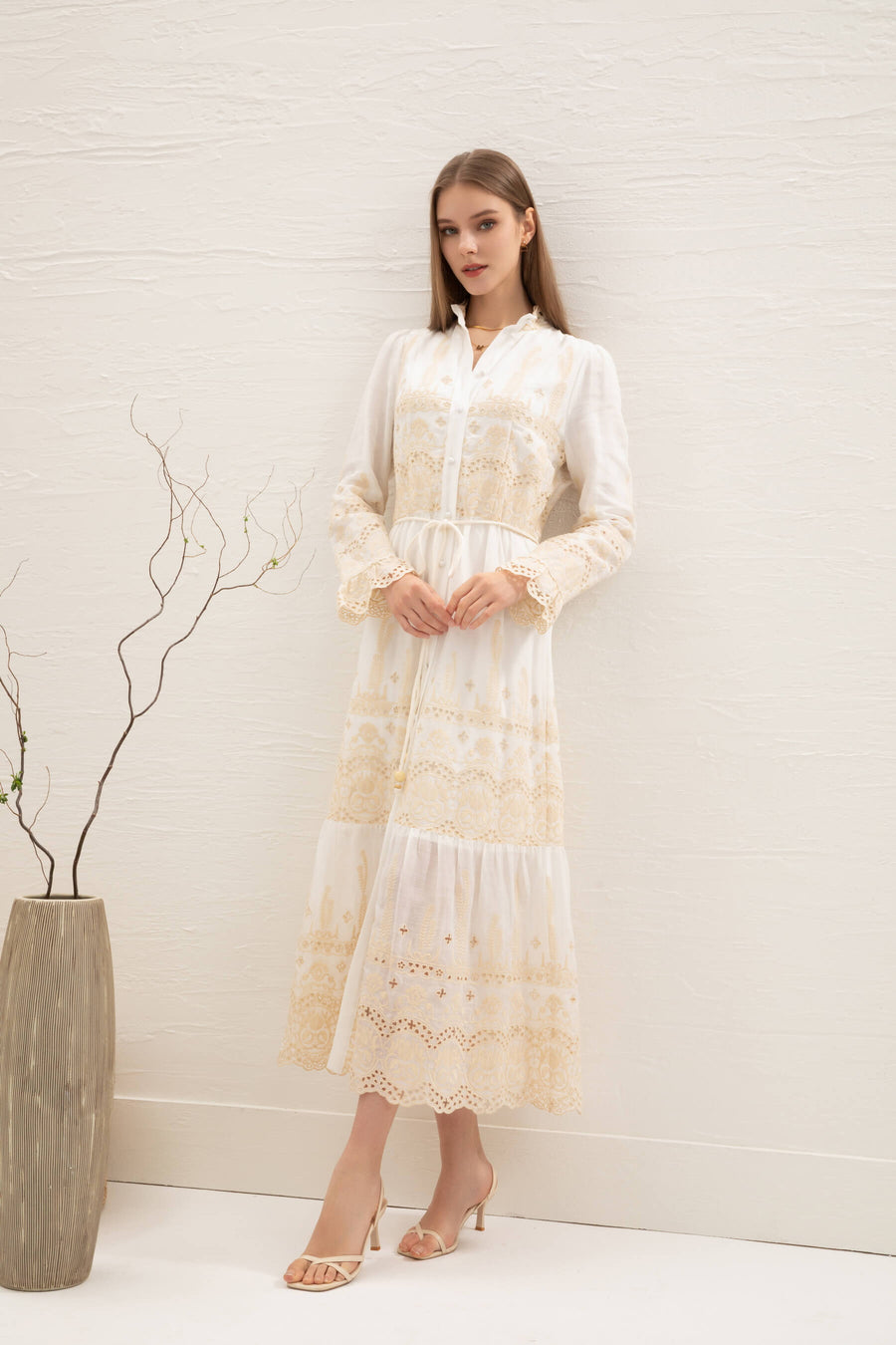 GDS Lina Embroidered Belted Long Dress | White DRESSES Catch GDS L M S WHITE XL XS