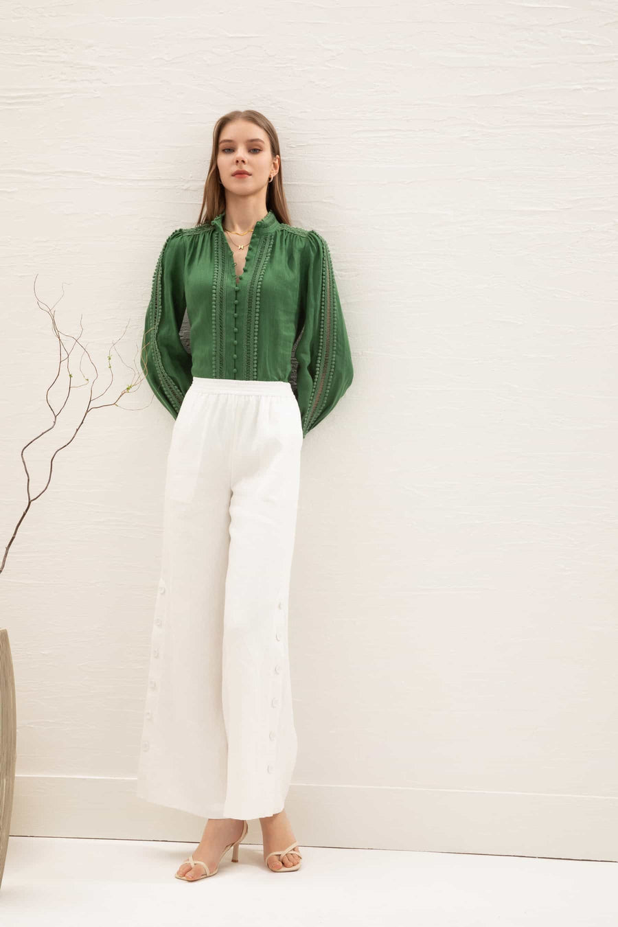 GDS Illy Embroided Linen Blouse | Green BLOUSES autumn-winter BLOUSES BRUNCH BS CASUAL Catch GDS GREEN L M S SALE WORK XL XS