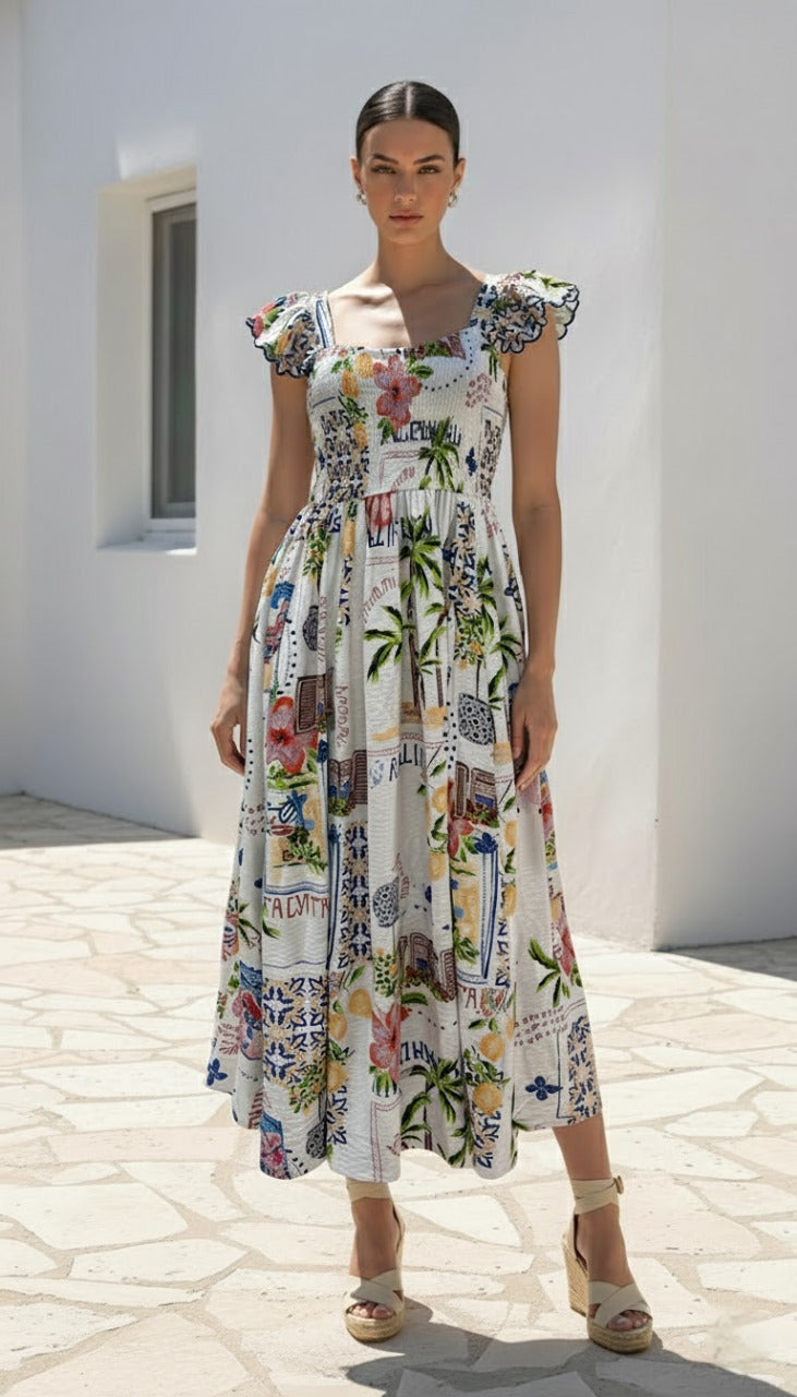Bella Shirred Dress | Italy Print