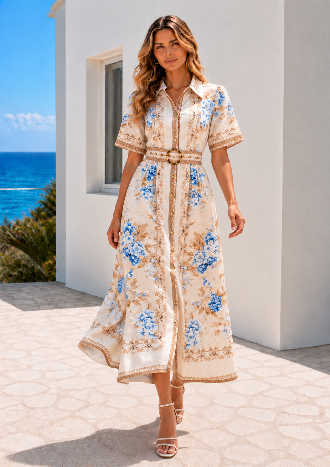 Melodie Dress | Blue - Beige