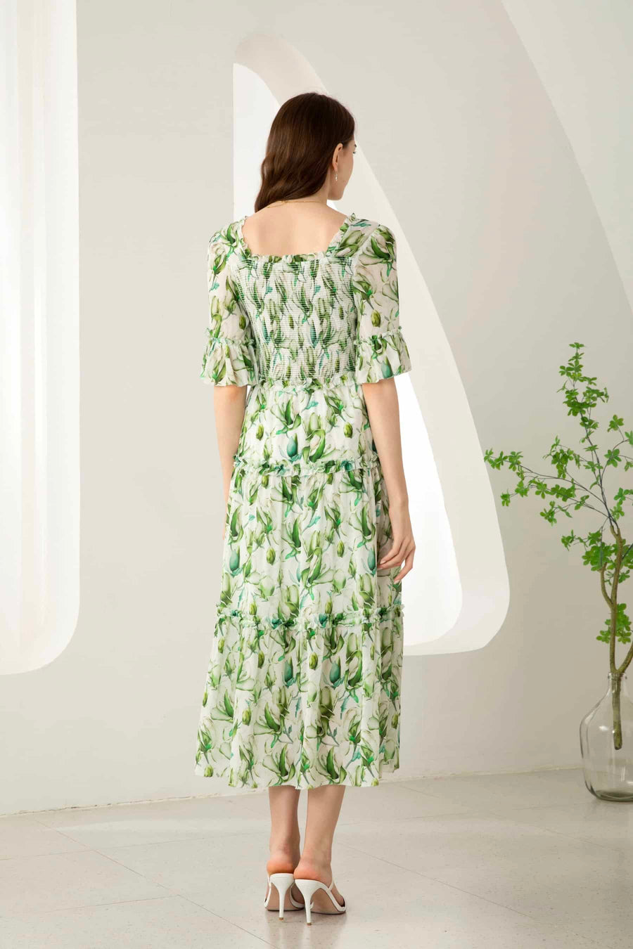 GDS Risette Silk  Long Dress | Green Print