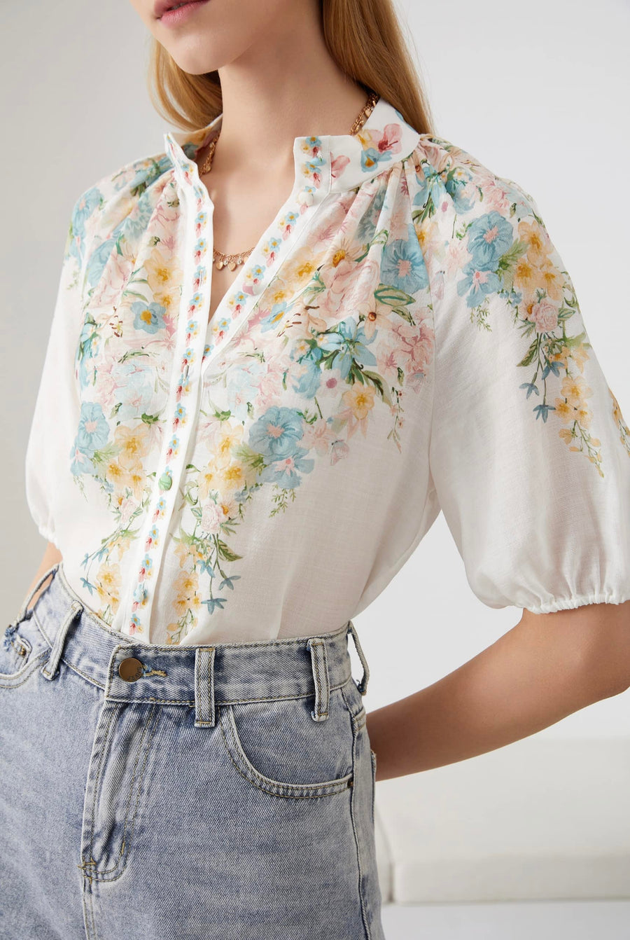 GDS Celeste Short Sleeve Linen Blouse | Mint Floral BLOUSES FLORAL GDS L M S XS