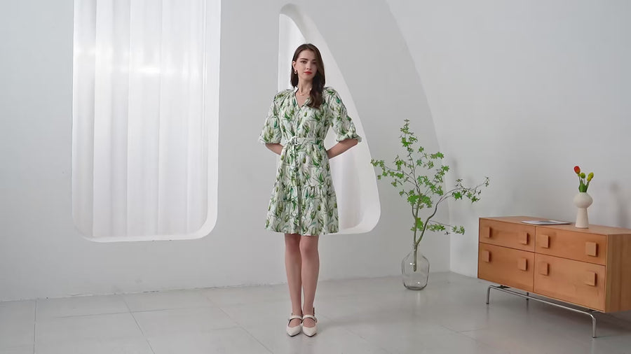 GDS Risette Short  Linen  Dress  | Green Print