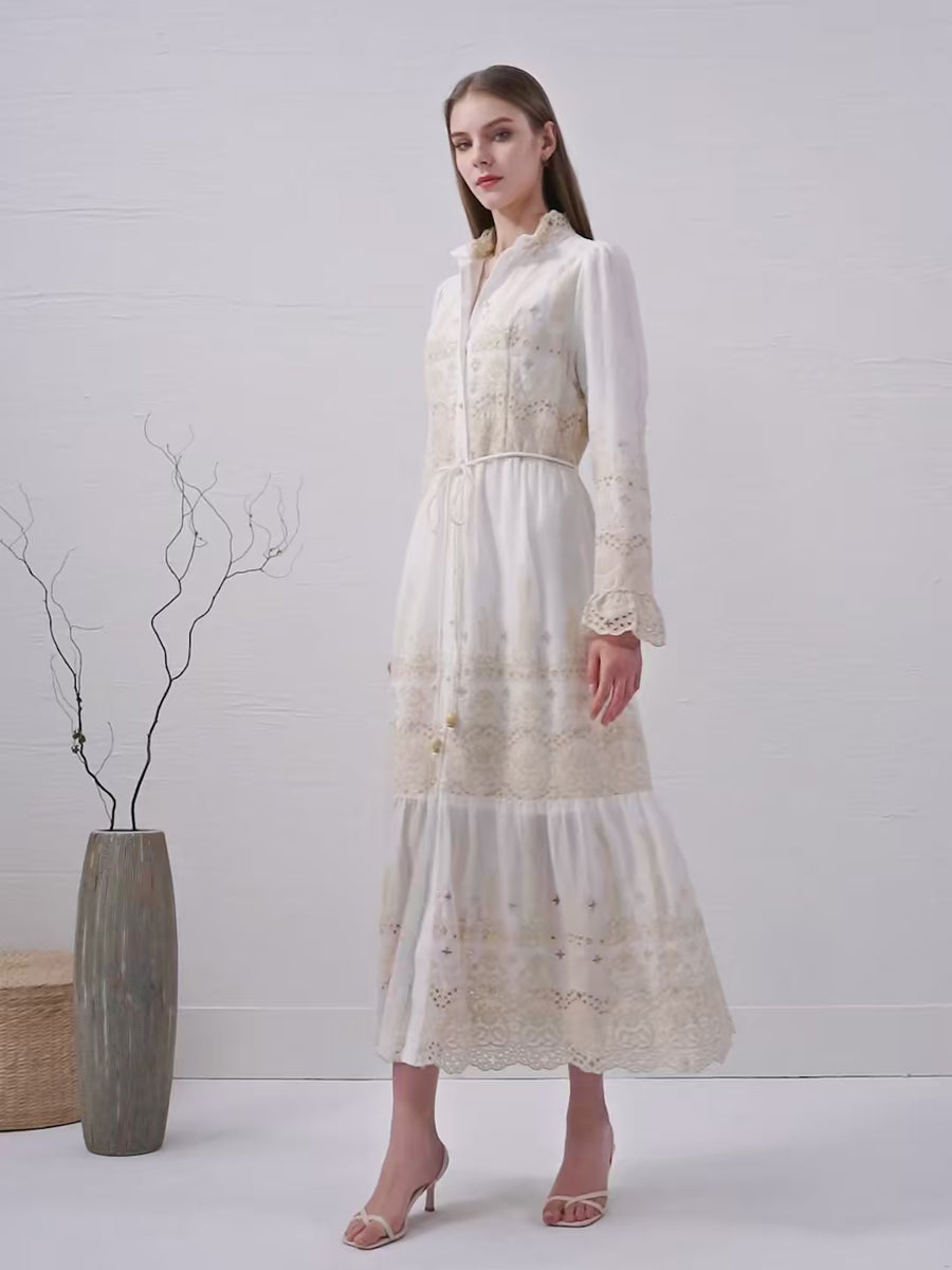 GDS Lina Embroidered Belted Long Dress | White