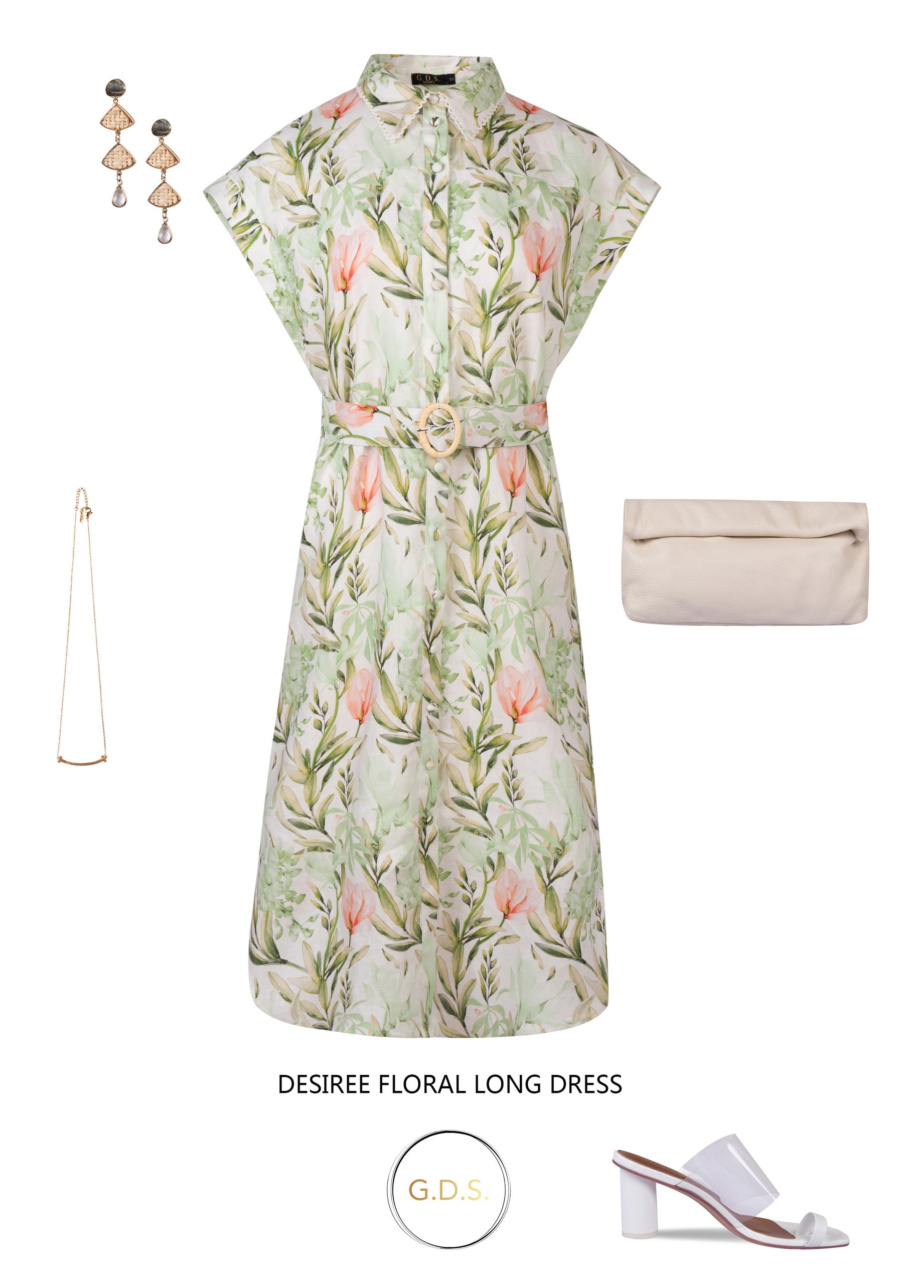 GDS Desiree Floral Linen Long Dress | Green DRESSES Catch GDS GREEN L M S SALE XL XS