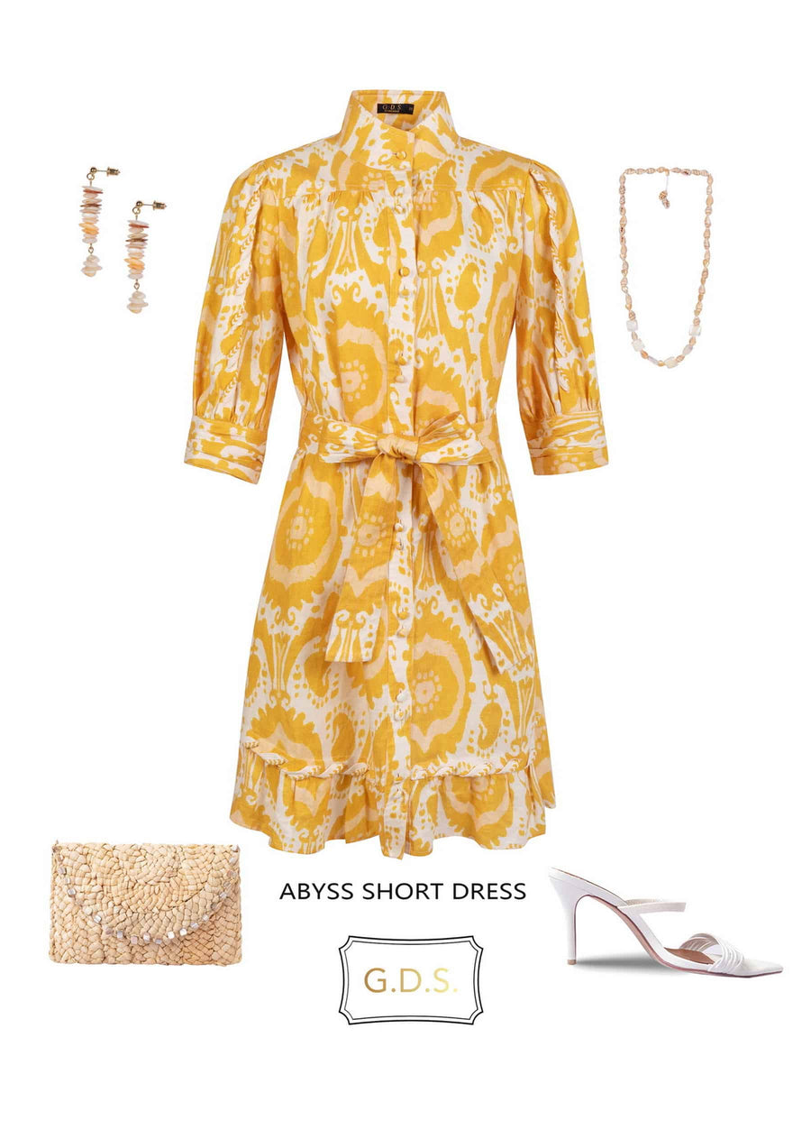 GDS Abyss Linen Short Dress | Yellow DRESSES BRUNCH CASUAL Catch DRESSES GDS HOLIDAY L M PRINT S SPRING-SUMMER wedding guest dress WORK XL XS YELLOW
