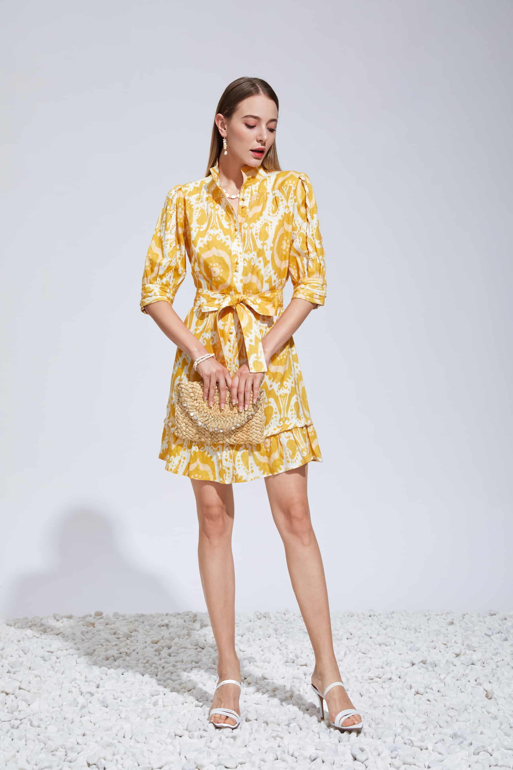 GDS Abyss Linen Short Dress | Yellow DRESSES BRUNCH CASUAL Catch DRESSES GDS HOLIDAY L M PRINT S SPRING-SUMMER wedding guest dress WORK XL XS YELLOW