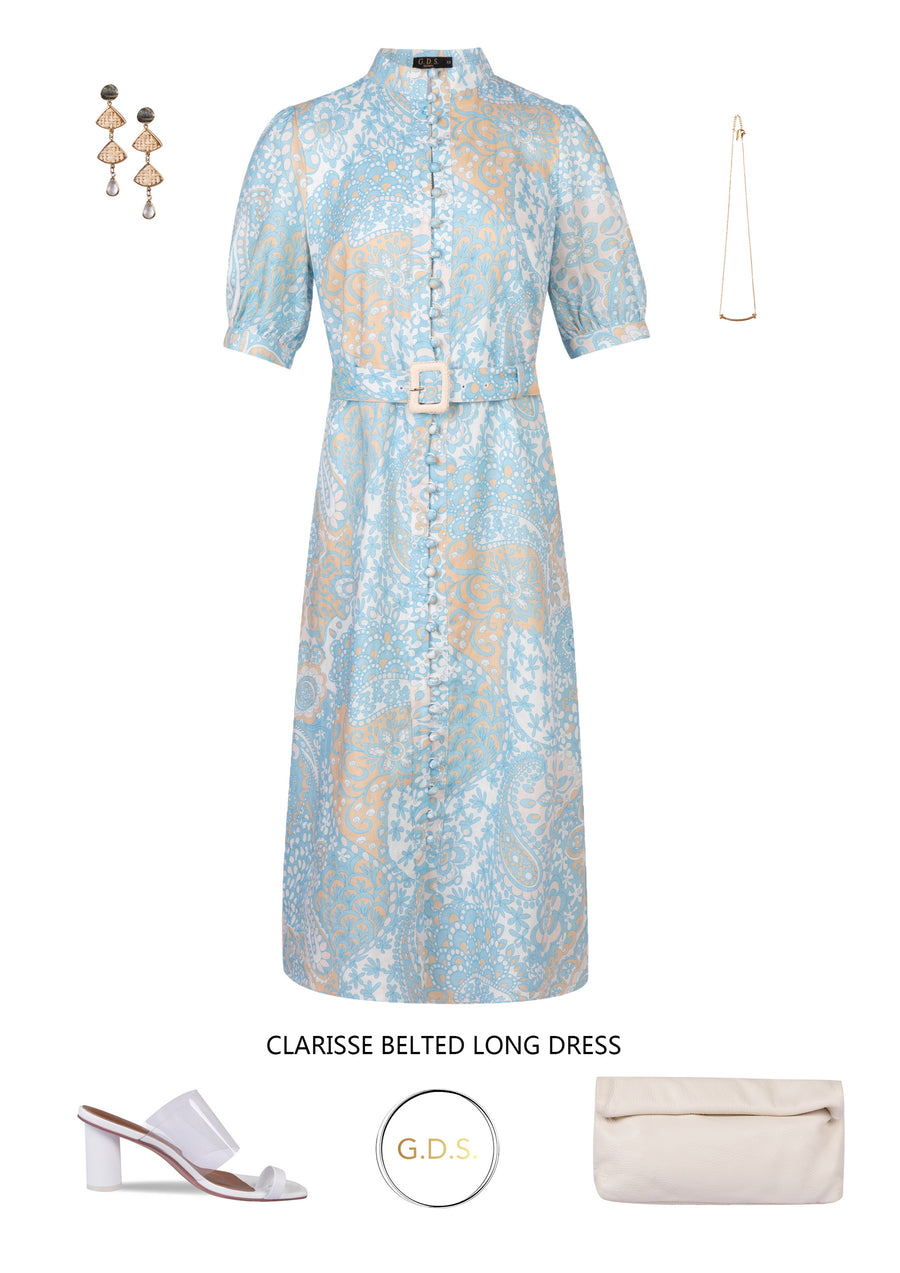GDS Clarisse Belted Linen Long Dress | Aqua DRESSES BLUE Catch GDS L M S SALE XL XS