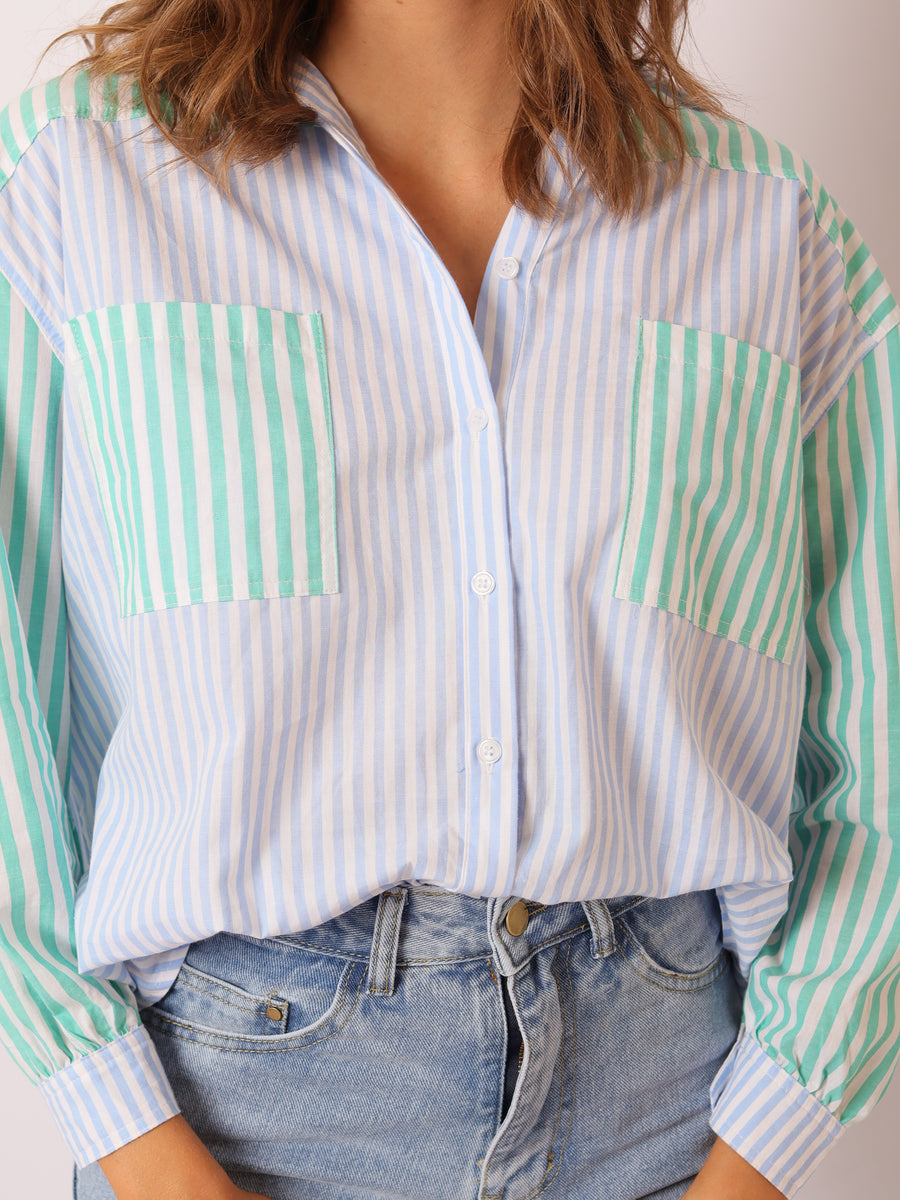 Chloe Cotton Stripe Shirt | Blue-Green SHIRT 10 12 14 6 8 BLUE GREEN stellino