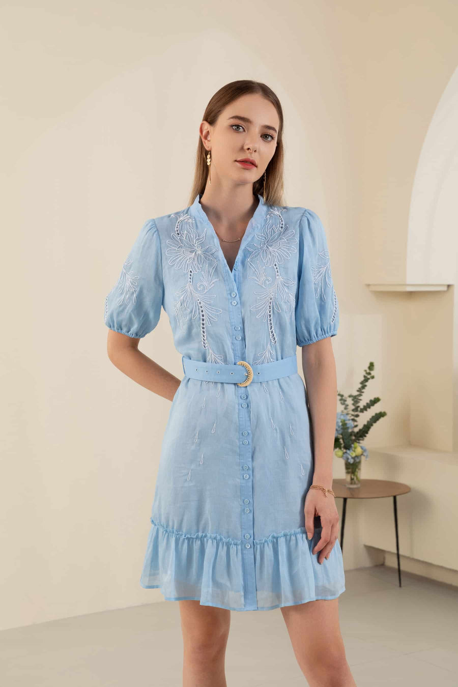 GDS Cecile Linen Short Dress | Clear Sky DRESSES BLUE BRUNCH CASUAL Catch DRESSES dup-review-publication GDS HOLIDAY L M S SALE SPRING-SUMMER XL XS